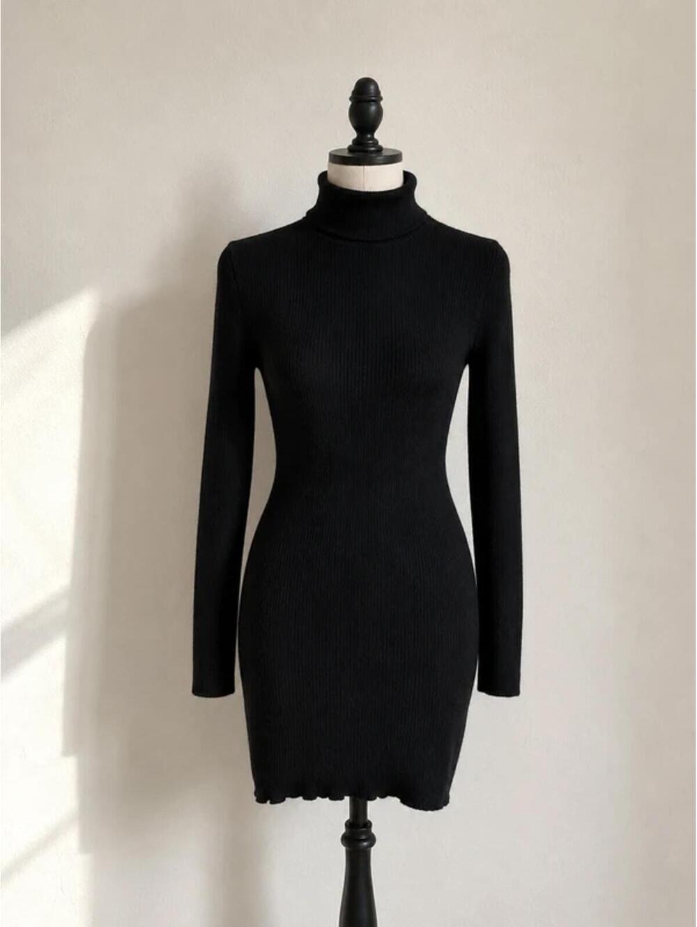 MNG Mango Black Ribbed Knit Turtleneck Sweater Dress Size L / US 8